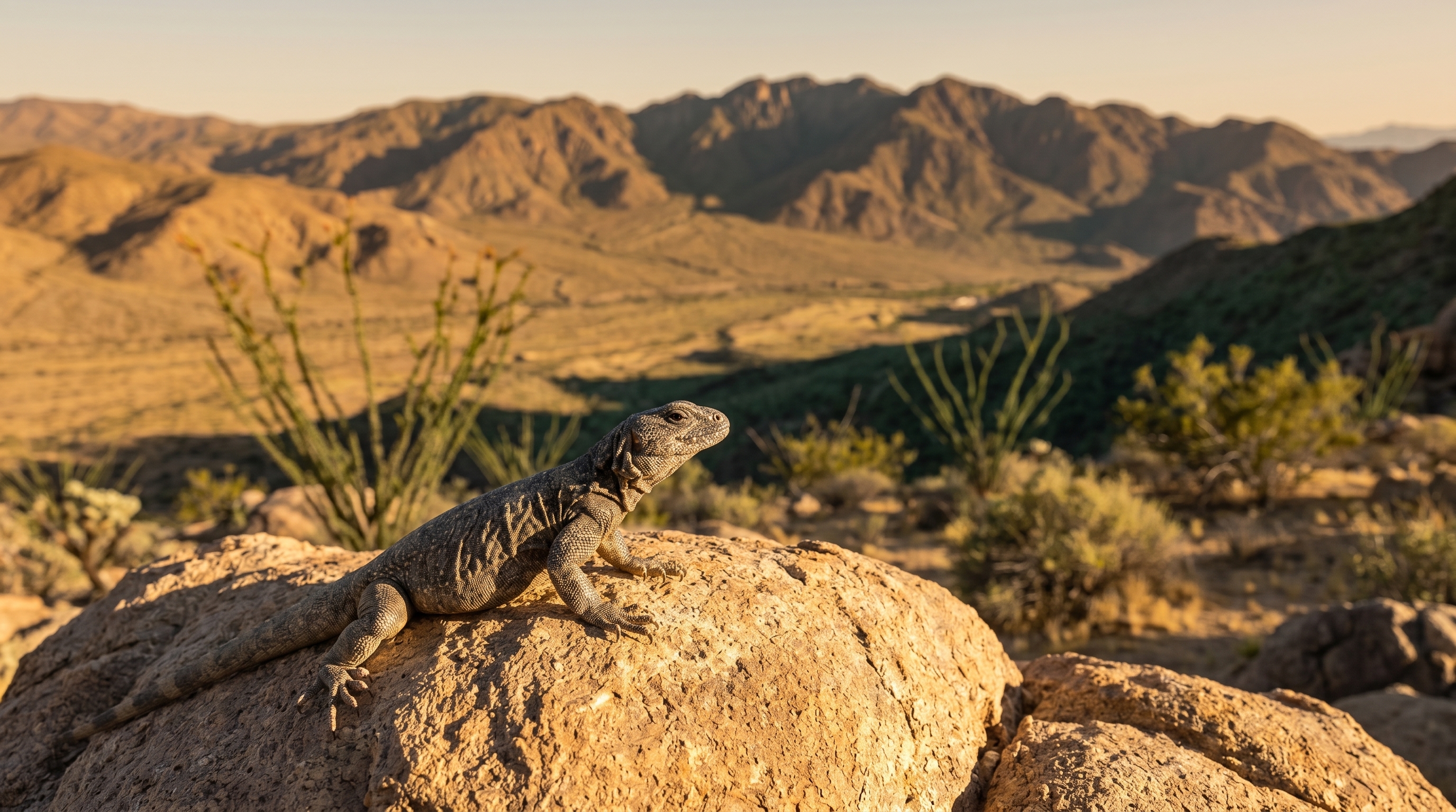 A chuckwalla lizard sunning on a sandstone ledge in the Southwest desert, with a soft horizon of distant ranges behind it.